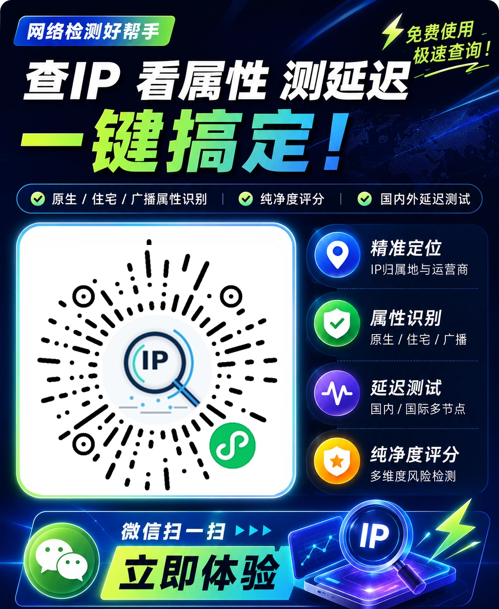 网络检测好帮手 IP 查询小程序 网络检测好帮手:查询 IP 属性、延迟和纯净度的小程序码